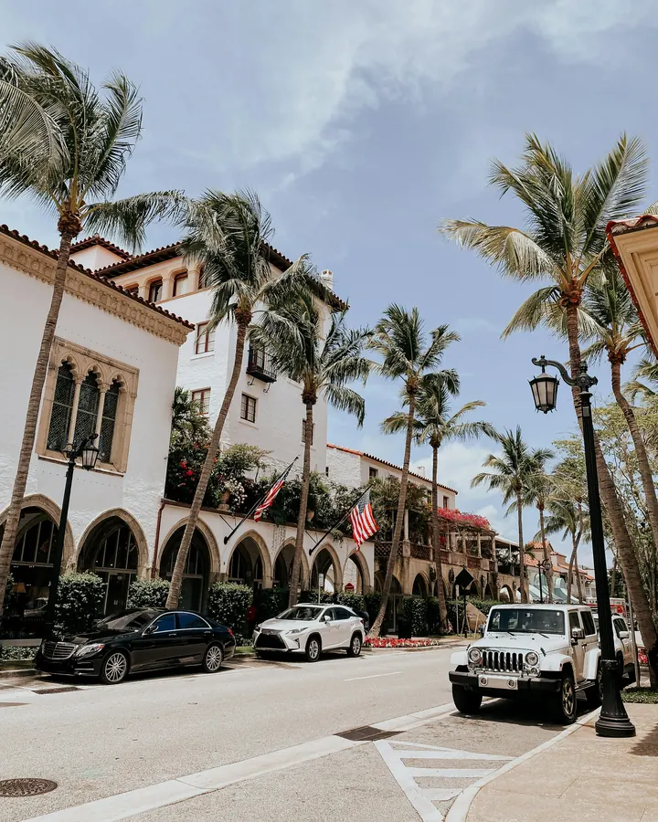 A palm-lined shopping street with Mediterranean arcades